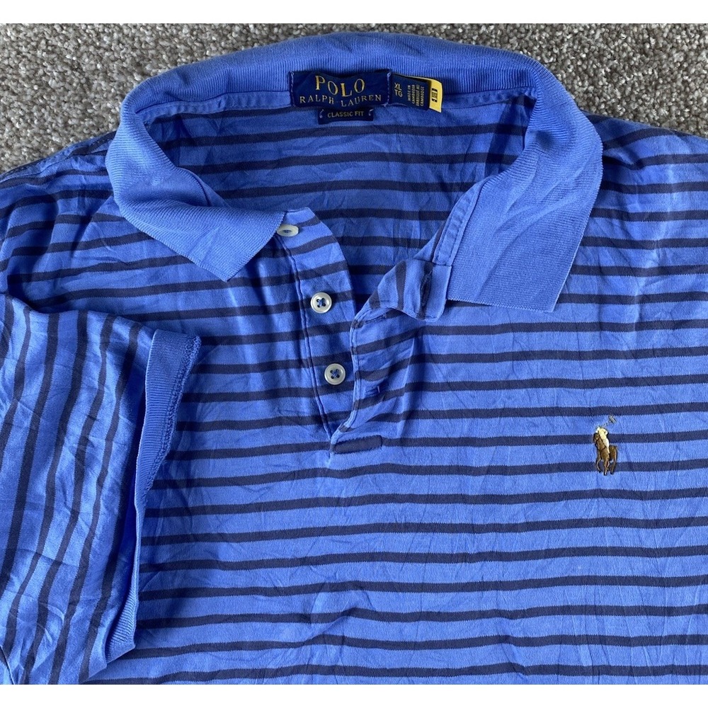 Polo Ralph Lauren Blue Striped Polo Shirt Soft Cotton Flesh Pony Mens XL Classic